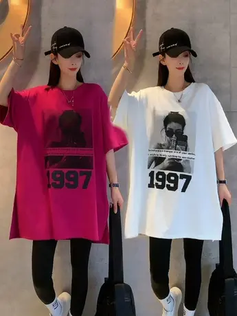 美式复古人物印花2023夏装新款宽松中长款圆领设计感短袖T恤衫女商品大图