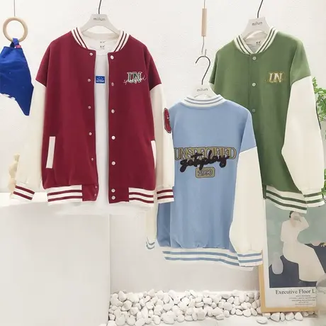 2022春季新款美式字母复古外套韩国东大门休闲开衫上衣棒球服大码图片