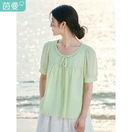 茵曼法式优雅衬衫2023夏女装新款褶皱U领系带宽松显瘦小衫上衣商品大图