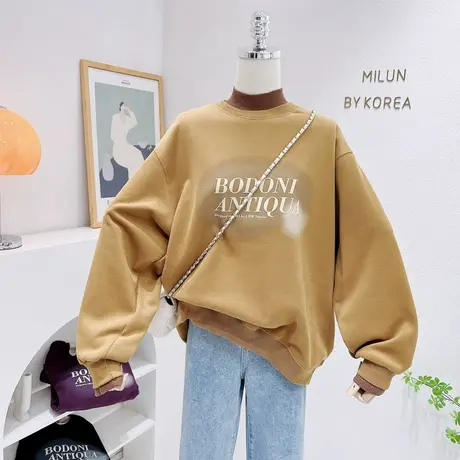 2022秋冬新款针织半高领上衣女韩版慵懒设计感字母加绒厚卫衣宽松商品大图