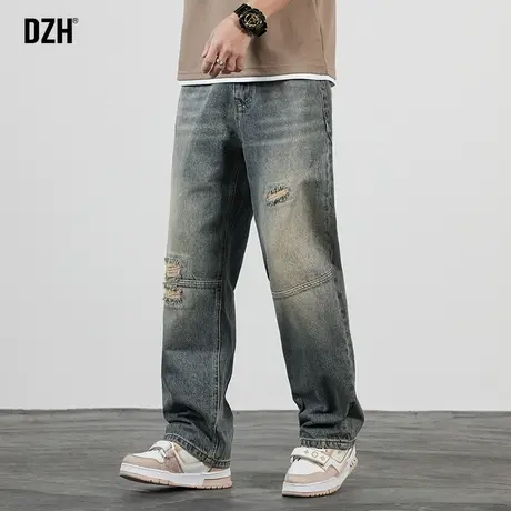 男士美式破洞牛仔裤男直筒宽松春夏款裤子2023新款休闲长裤直筒裤商品大图