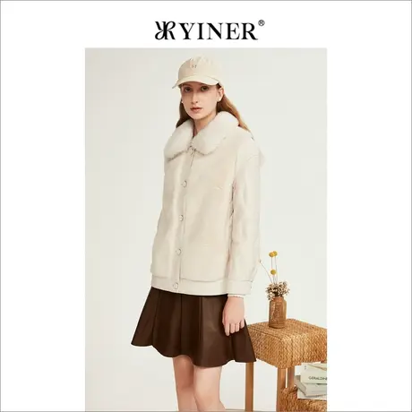 YINER音儿女装2022冬季新款毛领拼接真皮轻薄羽绒服商品大图