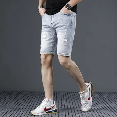 香港高端破洞牛仔短裤男五分裤浅色修身2024新款弹力男士中裤青年商品大图