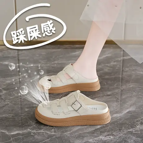 真皮包头半拖鞋女夏季外穿2025超火软底孕妇凉鞋一脚蹬勃肯凉拖鞋图片