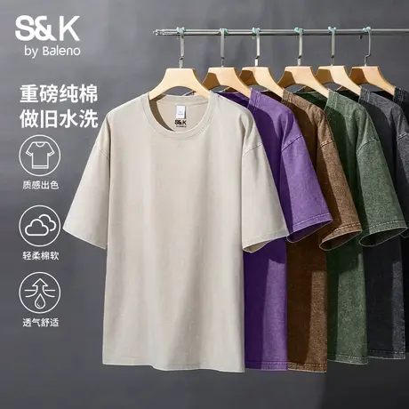 班尼路S&K系列水洗做旧短袖t恤男2025夏季新款美式宽松纯棉半袖A图片