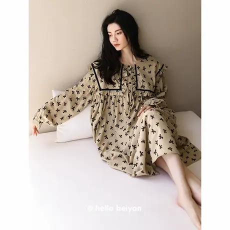 贝妍春秋新款睡衣女甜美公主风莫代尔棉长袖睡裙韩版大码女家居服商品大图
