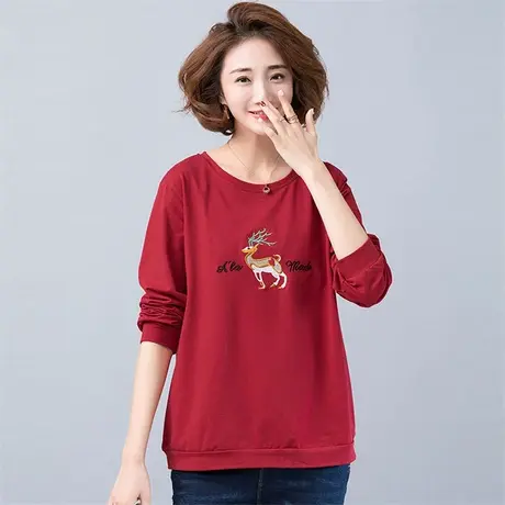 春秋季加肥加大码女装新款宽松全棉卫衣T恤女打底衫中年刺绣体恤商品大图