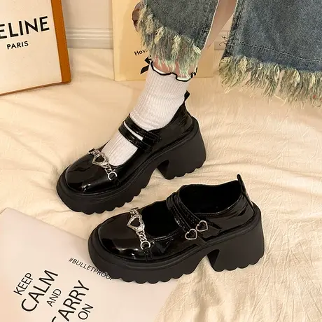 小众设计感甜酷爱心玛丽珍鞋2023年夏季新款暗黑风厚底增高小皮鞋商品大图