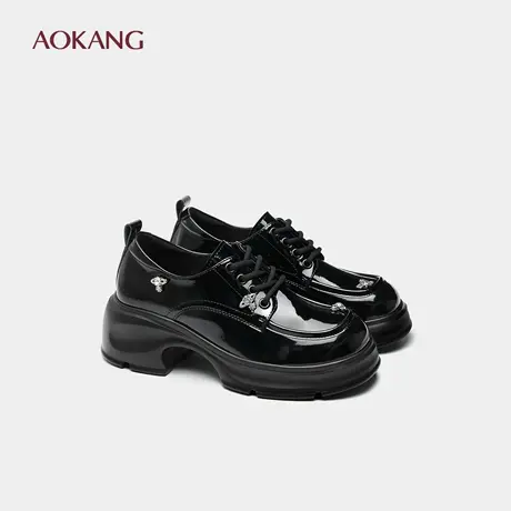 奥康 女鞋2025秋季新款松糕小个子增高黑色英伦风小皮鞋门店发货商品大图