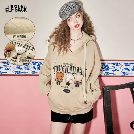 妖精的口袋小熊连帽加绒卫衣女2023春秋新款纯棉中长款宽松慵懒风商品大图