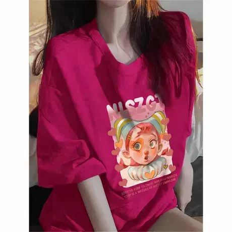 美式复古潮牌小众设计感火龙果色纯棉短袖t恤女夏季宽松半袖上衣图片