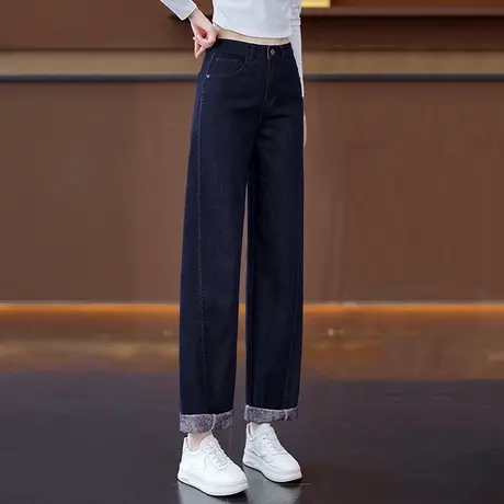 高腰直筒牛仔裤弯刀女宽松透气舒适春秋显瘦百搭休闲翻边阔腿裤商品大图