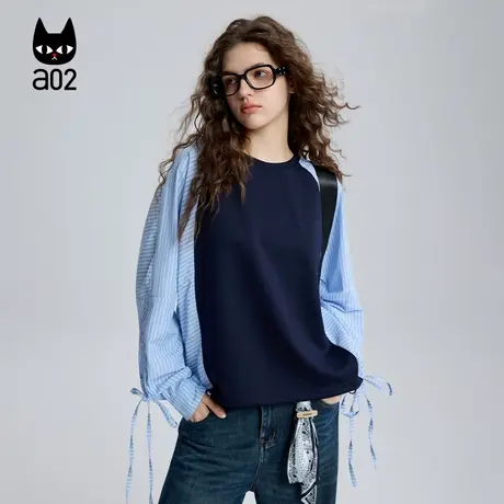 a02宽松圆领卫衣女2025新款秋季拼接条纹袖子设计感上衣通勤穿搭图片