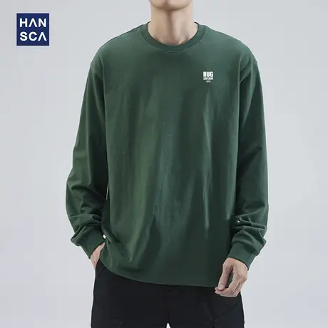 hansca 260g重磅印花长袖t恤男秋季2025新款宽松圆领纯棉百搭上衣商品大图