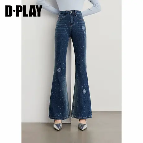 DPLAY2025年秋季新款蓝色微喇牛仔裤女长款喇叭裤烫钻裤子长裤商品大图