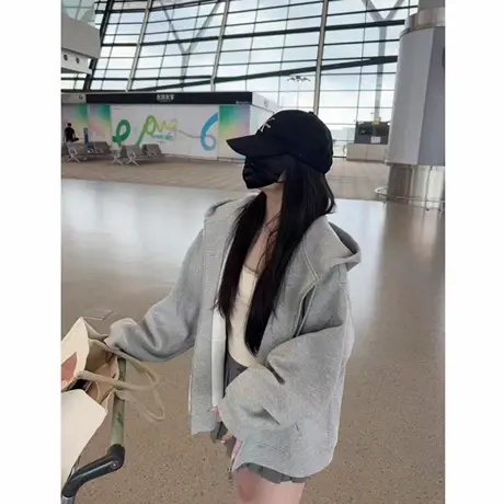 2025新款连帽重磅卫衣加绒外套灰色开衫女秋冬韩系慵懒风宽松上衣商品大图