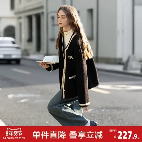 唐狮2026秋冬外套女高级轻奢女圆领撞色小香风皮毛一体短款外套商品大图