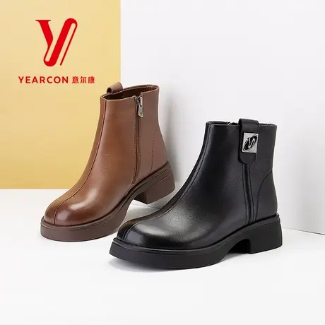 意尔康女靴2025新款秋冬季加绒短靴女粗跟真皮靴子中跟时装瘦瘦靴图片