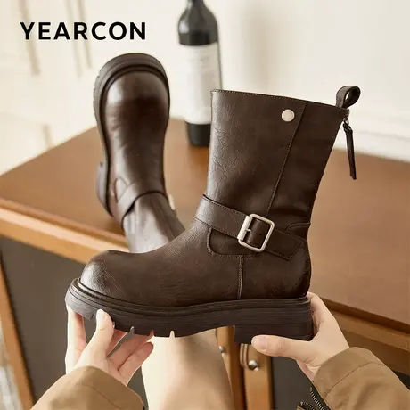 意尔康女鞋冬季皮靴英伦中筒气质机车靴复古女士皮带扣西部骑士靴图片