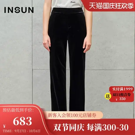 恩裳2023冬装新款黑色丝绒裤舒适女士长裤百搭显瘦弹力直筒微喇裤商品大图
