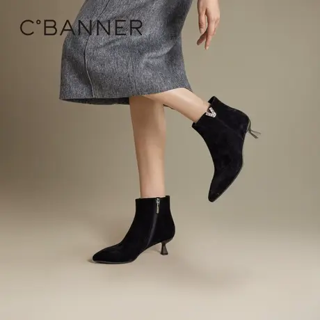千百度羊皮细高跟时装靴女百搭冬季气质通勤短靴子图片