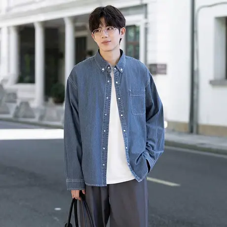 唐狮秋冬男士牛仔长袖衬衫钉扣领翻领外穿单口袋休闲时尚衬衫TMTA图片