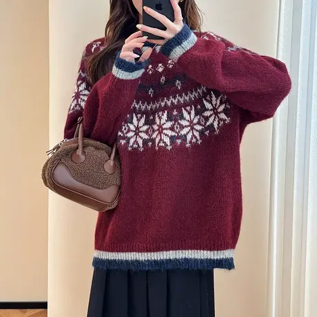 唐狮秋冬复古风费尔岛图案圆领套头针织衫女毛衣百搭流行TD图片