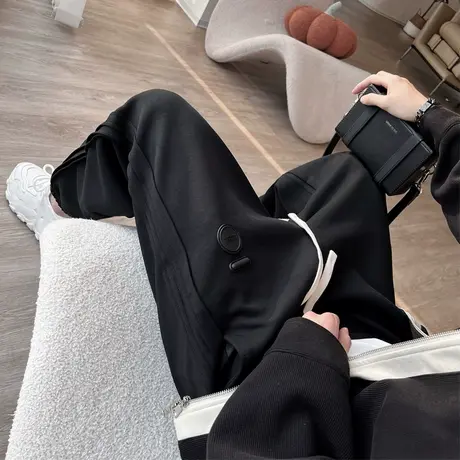 束脚卫裤男秋季重磅条纹ins运动休闲裤男裤修身百搭痞帅哈伦长裤图片