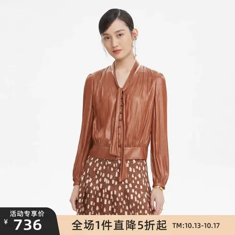 LANCY/朗姿秋季新款圆领长袖气质短款宽松衬衫女装短外套女商品大图