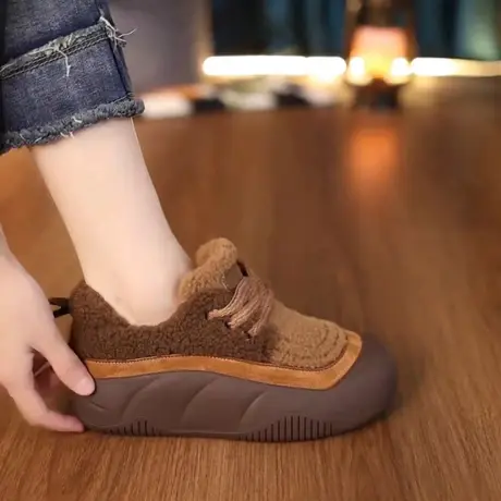 厚底加绒乐福鞋女2023秋冬季新款英伦风小皮鞋毛毛鞋保暖系带棉鞋商品大图
