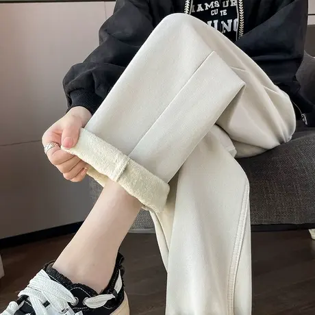 哈伦牛仔裤女2023冬季新款加绒高腰显瘦宽松直筒阔腿萝卜老爹裤子商品大图