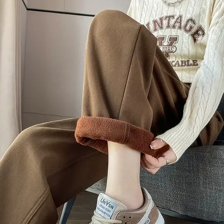 卡其色加绒牛仔裤女秋冬季新款高腰显瘦宽松挽边哈伦直筒老爹裤子商品大图