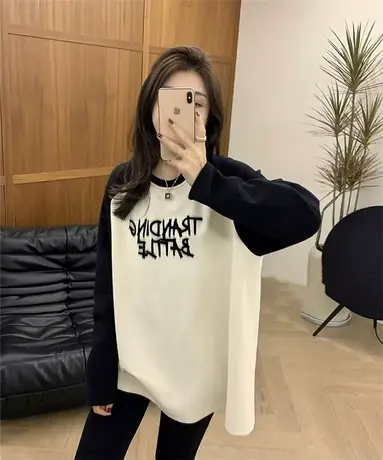 复古字母印花拼色插肩袖磨毛T恤女2023年冬季新款宽松休闲打底衫商品大图