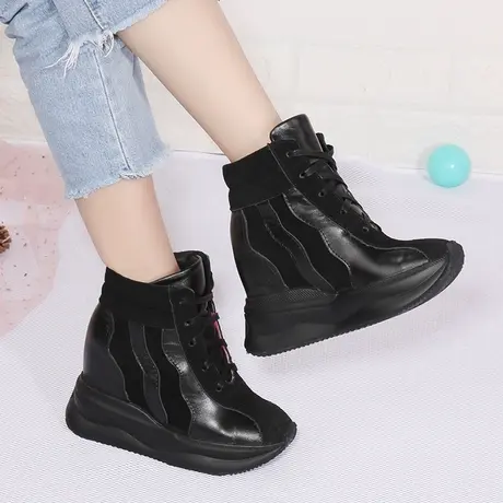 【断码鞋鞋子】小个子内增高女鞋10cm真皮坡跟高帮单鞋运动旅游鞋商品大图