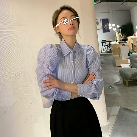 唐狮秋新款女法式泡泡袖条纹长袖衬衫蓝色气质上衣韩版潮流ZW图片