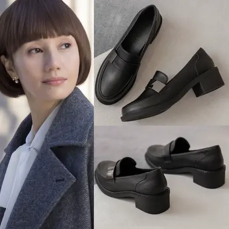 女鞋2023年秋冬新款中跟粗跟单鞋英伦风小皮鞋职业鞋子工作乐福鞋图片