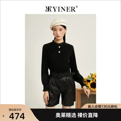 【美丽诺羊毛】YINER音儿女装2022冬蕾丝拼接钉钻毛衫图片