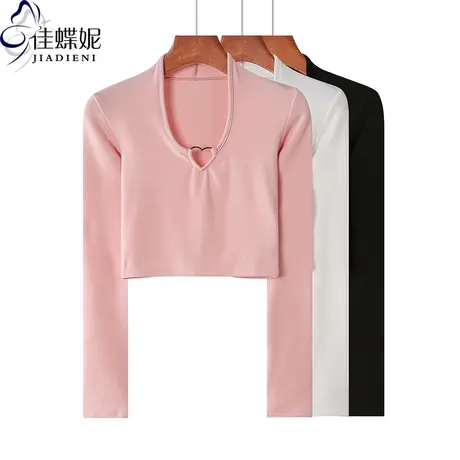 早春新款韩版爱心圆领短款纯欲修身纯色纯棉长袖上衣内搭女装T恤商品大图