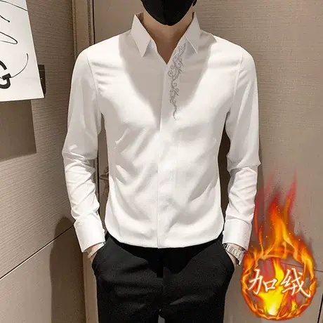 2024冬季男士时尚衬衫潮牌衬衣长袖修身加绒刺绣潮流帅气加厚保暖商品大图