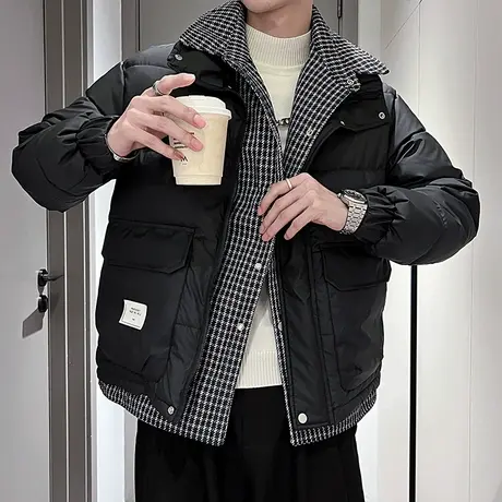 棉衣外套男秋冬季格子拼接假两件轻熟风宽松痞帅潮牌冬款棉服上衣图片