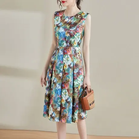 【1件7.9折】夏季新品百搭花色背心裙修身显瘦中长款无袖连衣裙商品大图
