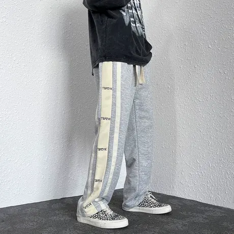 美式垂感拖地裤男潮牌ins春秋季直筒条纹拼接运动休闲宽松长裤子商品大图