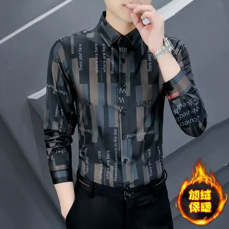 秋冬季男士长袖衬衫潮流高级感撞色条纹休闲男装加绒加厚保暖衬衣商品大图