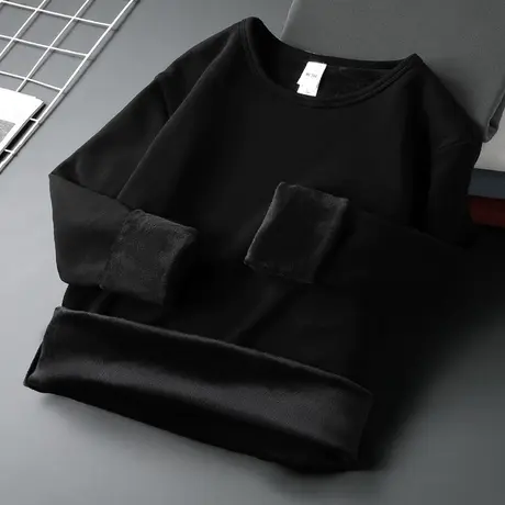 圆领长袖t恤男保暖内衣加绒加厚秋冬内搭打底衫纯色黑色秋衣小衫商品大图