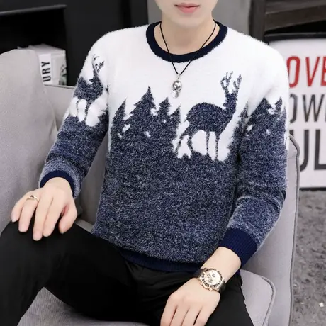 仿水貂绒毛衣男士圆领潮流ins厚款打底毛衫秋冬季套头针织衫外套商品大图