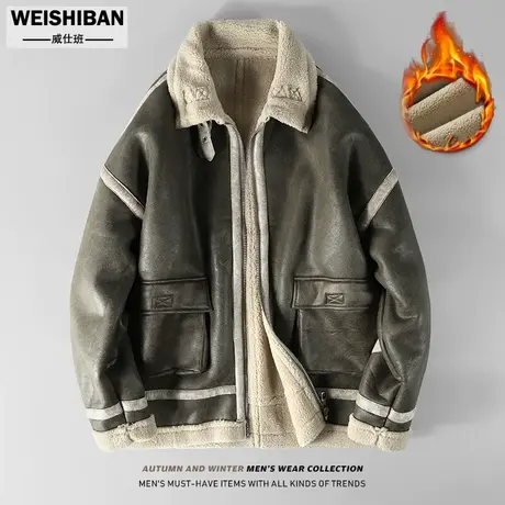 美式复古皮毛一体短款外套冬季加绒加厚宽松夹克大码飞行员棉服潮商品大图