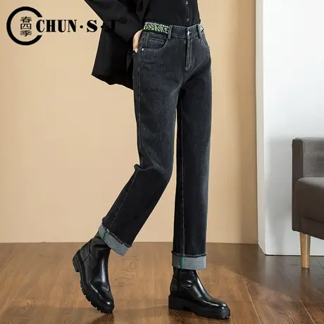 黑色直筒牛仔裤女秋冬2023年新款翻边加绒裤子高腰窄版阔腿烟管裤商品大图