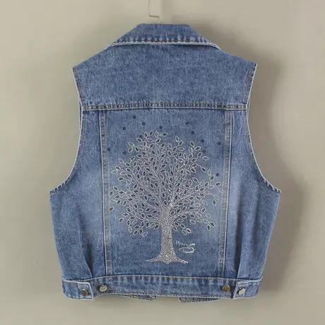 牛仔马甲女背心短款春秋夏宽松新款无袖大码外搭显瘦烫钻大树坎肩商品大图