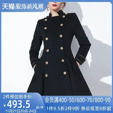 AUI黑色气质双排扣毛呢外套女2024冬新款小个子复古修身呢子大衣图片