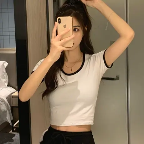 2023新款春夏欧货别致小衫爆款甜辣妹短款纯欲上衣女装短袖t恤ins商品大图